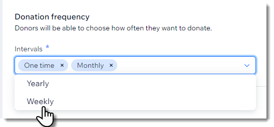 Screenshot of the part of the Wix Donation creation form where you select a frequency