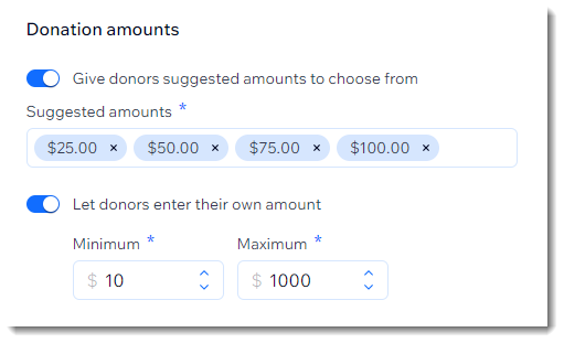 Screenshot of the donation form creation screen showing the amount settings