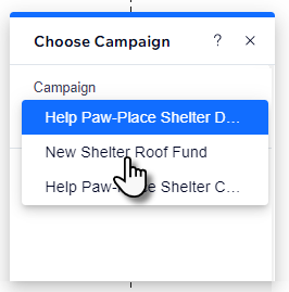 Screenshot of the Campaign drop-down in Wix Donations