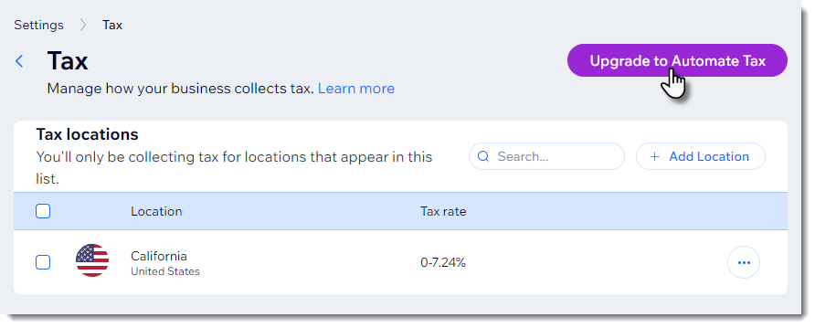 Screenshot van de belastingpagina van Wix met de knop Upgrade to Automate Tax