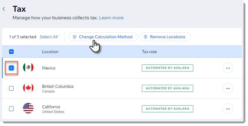 Captura de tela mostrando como alterar o método de cálculo de impostos da Avalara para o manual no Wix