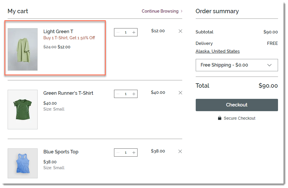 Screenshot of the cart page that has products that qualify for an automatic discount