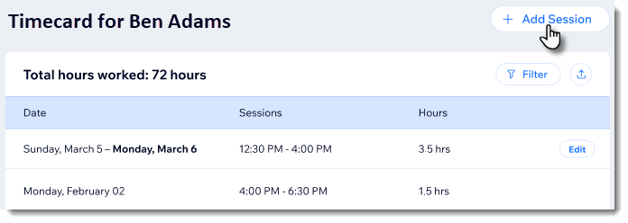 Screenshot of POS tab in the computer dashboard showing the Add Session button in the timecard section