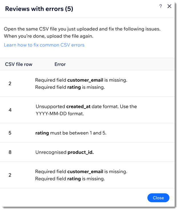 Screenshot of sample error list for review imports