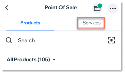 Une capture d'écran de l'écran Point de vente (POS) mobile de Wix avec l'onglet Services  Wix Réservations affiché
