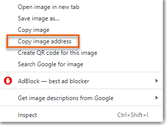 Screenshot of right-click menu with Copy image address option outlined