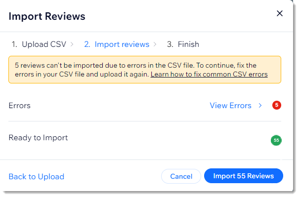 Screenshot of the import screen where you can see which reviews can be imported and which can't due to errors