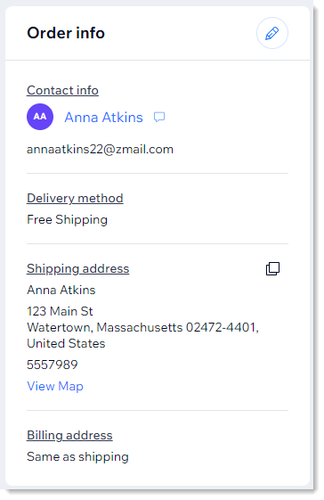 Screenshot of the customer details in an order