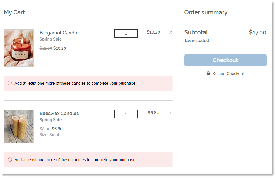 Screenshot of the cart showing a checkout requirement message