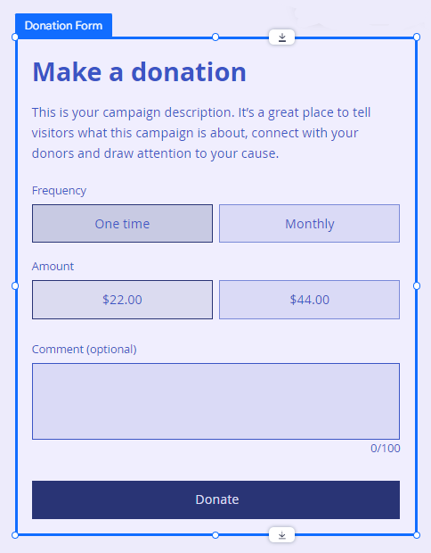 Screenshot van een Wix Donations-formulier in de Editor