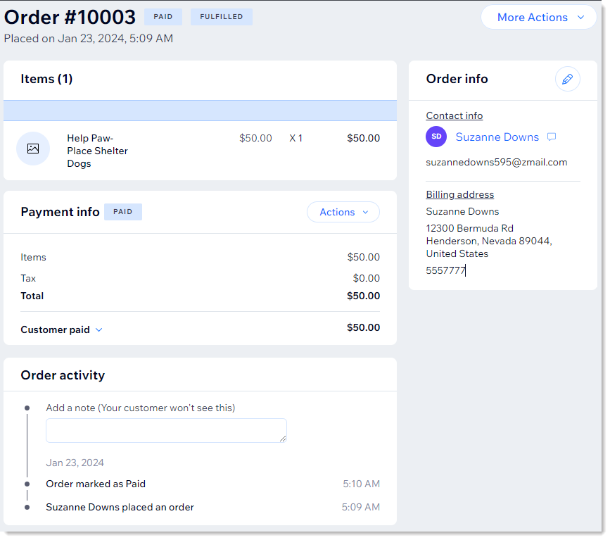 Screenshot of a donation order in the Orders tab in the dashboard