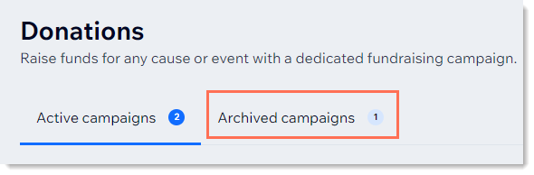 Screenshot of Donations page, showing the active campaign and archived  campaign tabs