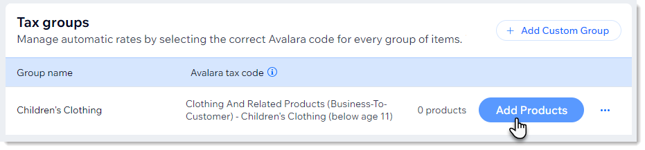 Screenshot of the tax page with the cursor on the Add Products button next to a custom tax group