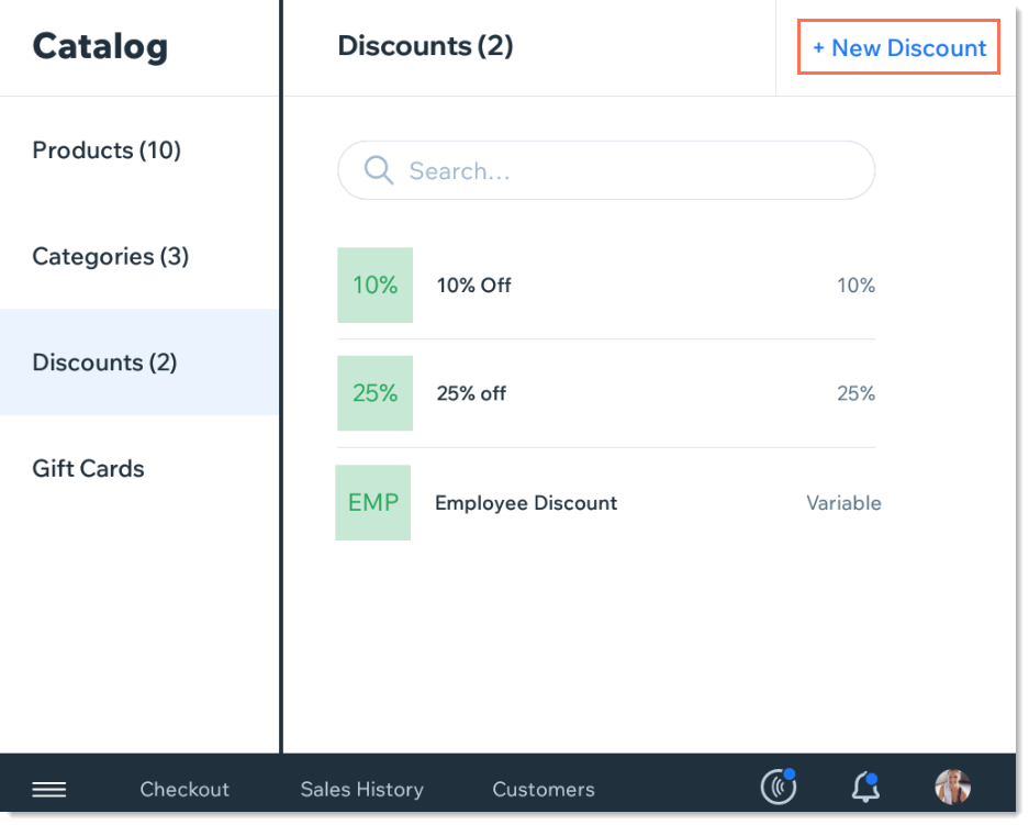 Screenshot of the Catalog section of the POS settings with the Discounts tab selected. New Discount button is outlined