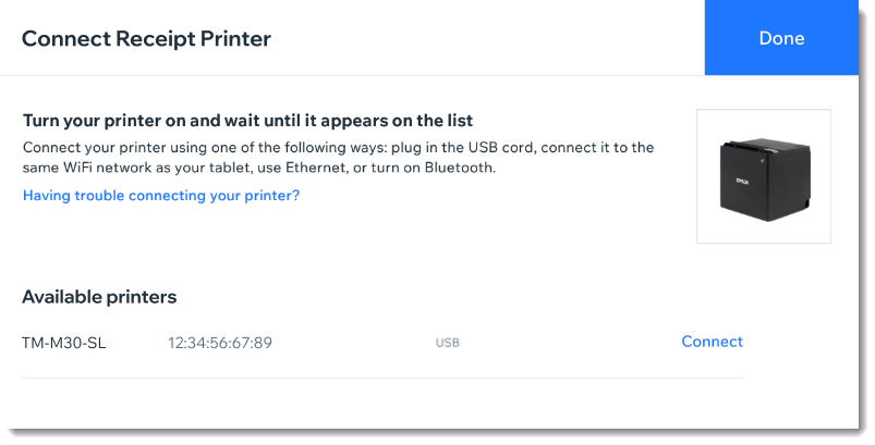 Screenshot of the list of available printers displaying a printer connected via USB Wix POS tablet