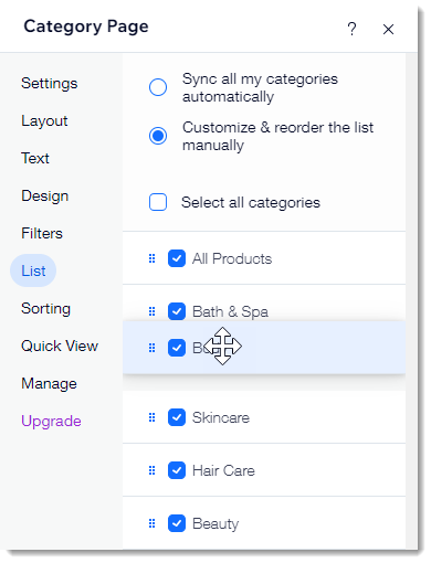 Screenshot of List tab in the Category Page settings