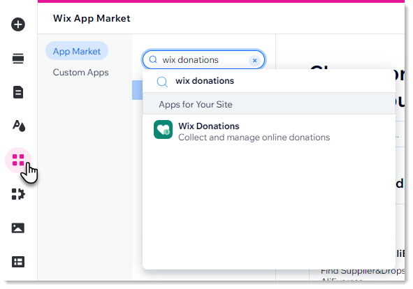 Screenshot of the Wix App Market in the Wix Editor, shown adding Wix Donations