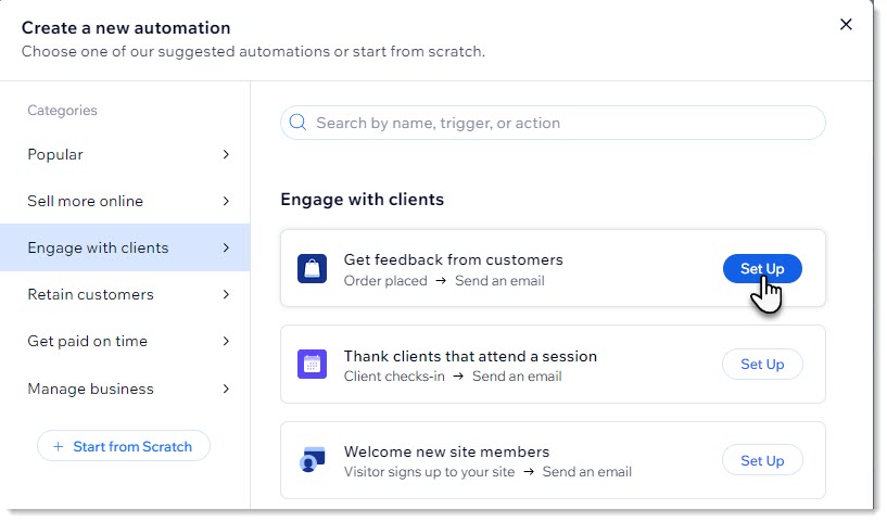 Capture d'écran de l'écran de sélection d'une nouvelle automation