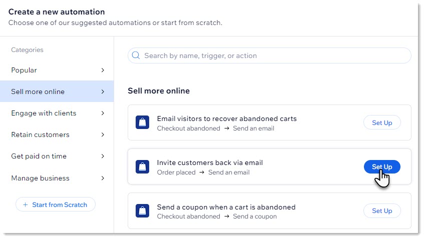 Capture d'écran de l'écran de sélection d'une nouvelle automation