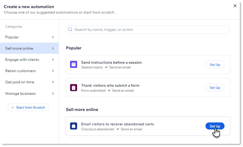 Capture d'écran de l'écran de sélection d'une nouvelle automation