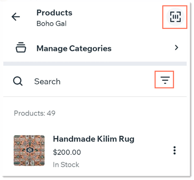 Screenshot of the top of the product list in the Wix Owner app