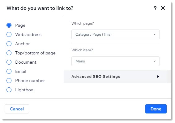 Screenshot of Menu with link popup open