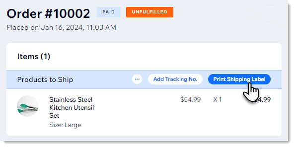 Screenshot of an order in the orders tab with the Print Shipping Label highlighted