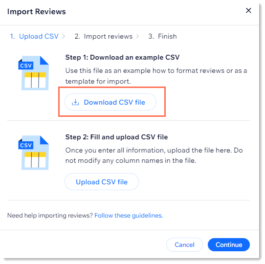 Screenshot of popup that appears after clicking Import Reviews with the Download Sample CSV outlined