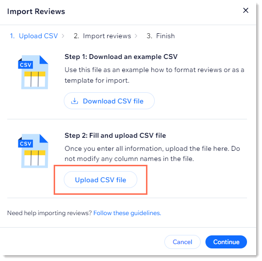 צילום מסך של חלון קופץ שמופיע אחרי הלחיצה על Import Reviews. כפתור העלאת ה-CSV לדוגמה מסומן