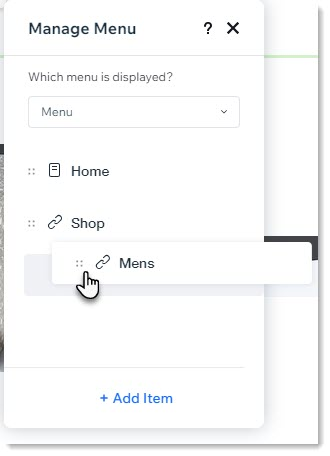 Screenshot displaying how to create menu subcategories in Wix Studio editor