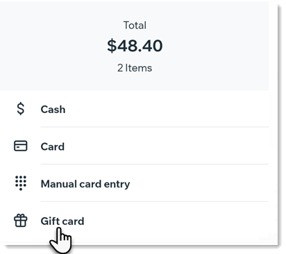 Mobile POS payment screen with the gift card option highlighted