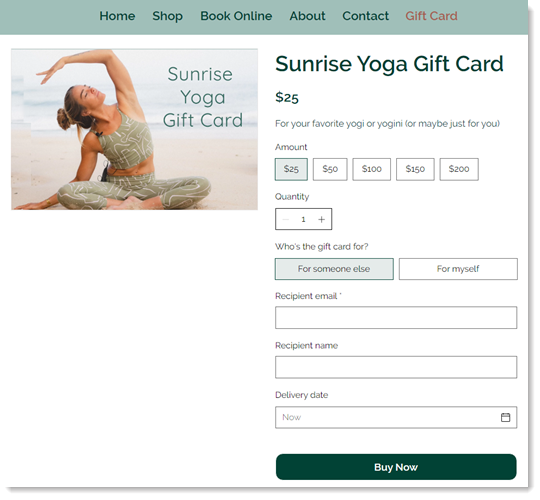 Screenshot of the gift card page on a website