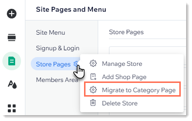 Screenshot of the Pages section of the Wix Editor, with the option to migrate to the new Category Page outlined