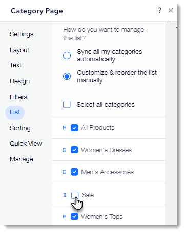 Screenshot of the List tab in the Category Page settings