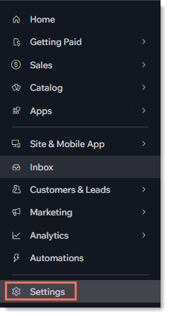 Screenshot of the Wix dashboard menu with the SEttings  tab outlined.