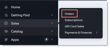 Screenshot of the Wix dashboard menu with the  Orders tab outlined.