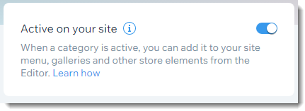 Screenshot of Active on your Site toggle that appears on for each category in the dashboard