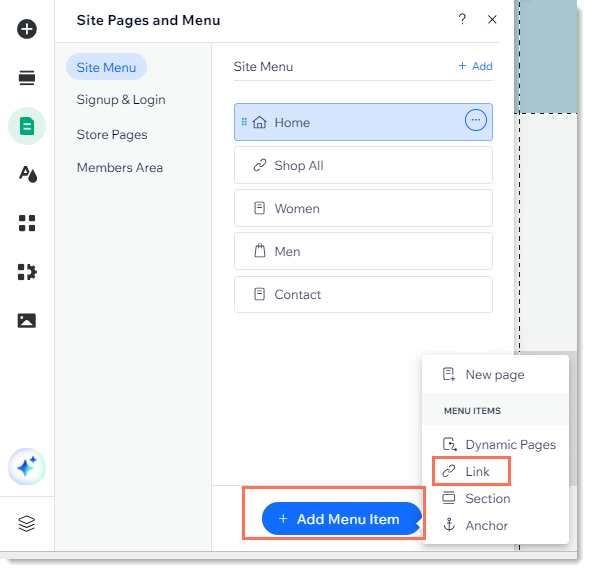 Screenshot of Pages & Menu in the Wix Editor with the Add Menu Item button outlined