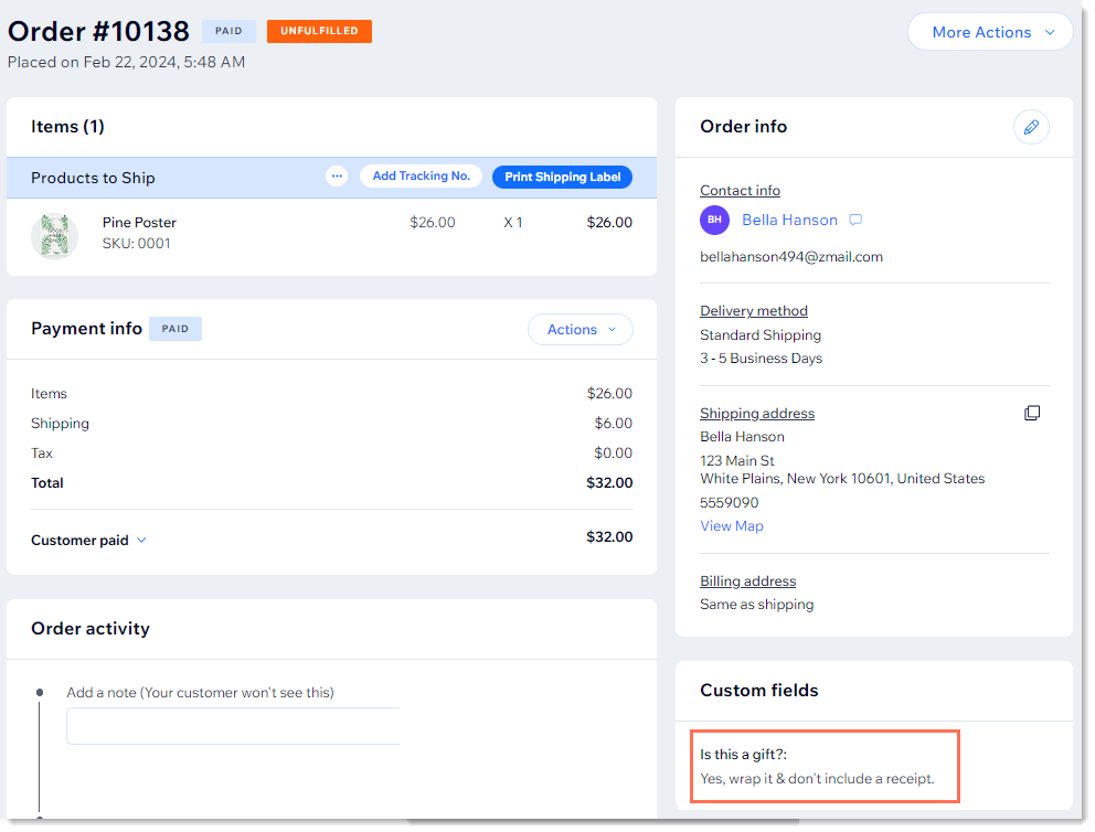 Screenshot of an order in the Orders tab, with the reply to a custom field outlined