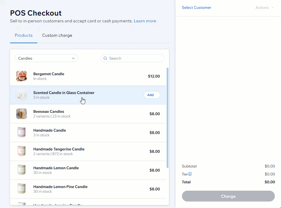 GIF showing how to add store items and a custom charge to a POS Checkout sale