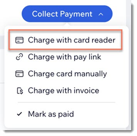 Capture d'écran du bouton Collect Payment montrant les options de paiement avec l'option Charge avec le lecteur de carte mise en évidence.