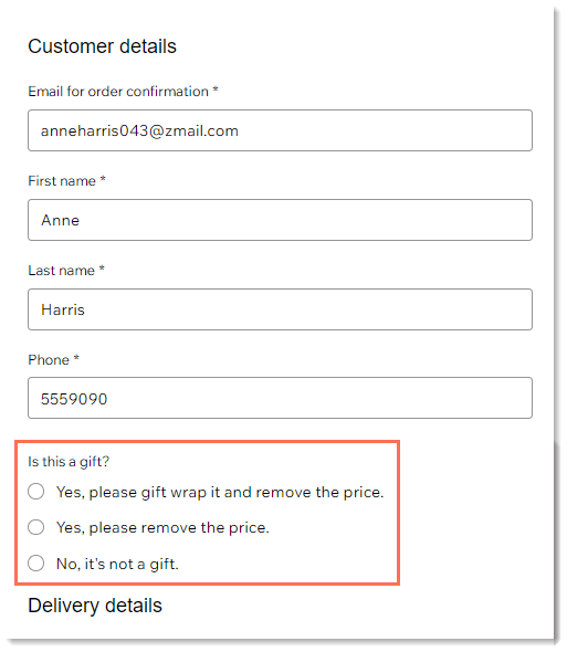 Screenshot of the checkout page with an added custom field outlined