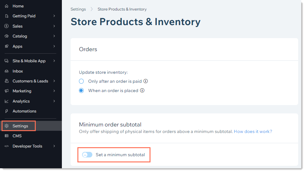 Screenshot of the Store products & inventory page in the Wix dashboard with the minimum order subtotal toggle outlined