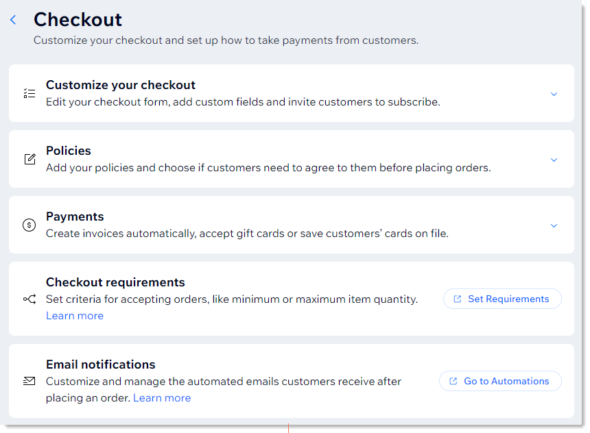 Screenshot of the checkout settings customization page