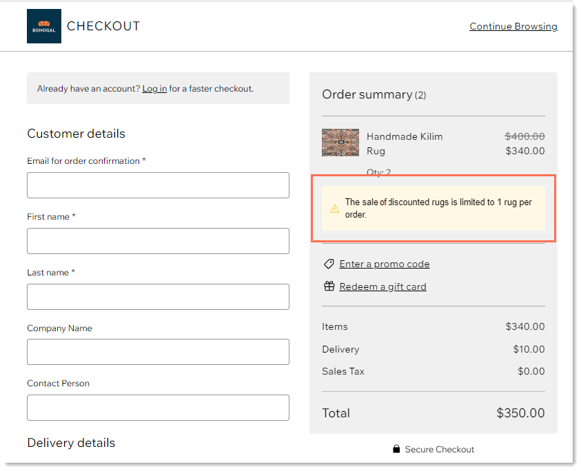 Captura de tela da página de checkout com uma mensagem de requisito mínimo de checkout destacada