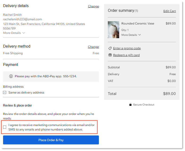 Screenshot of the checkout page with the subscription opt-in checkbox outlined