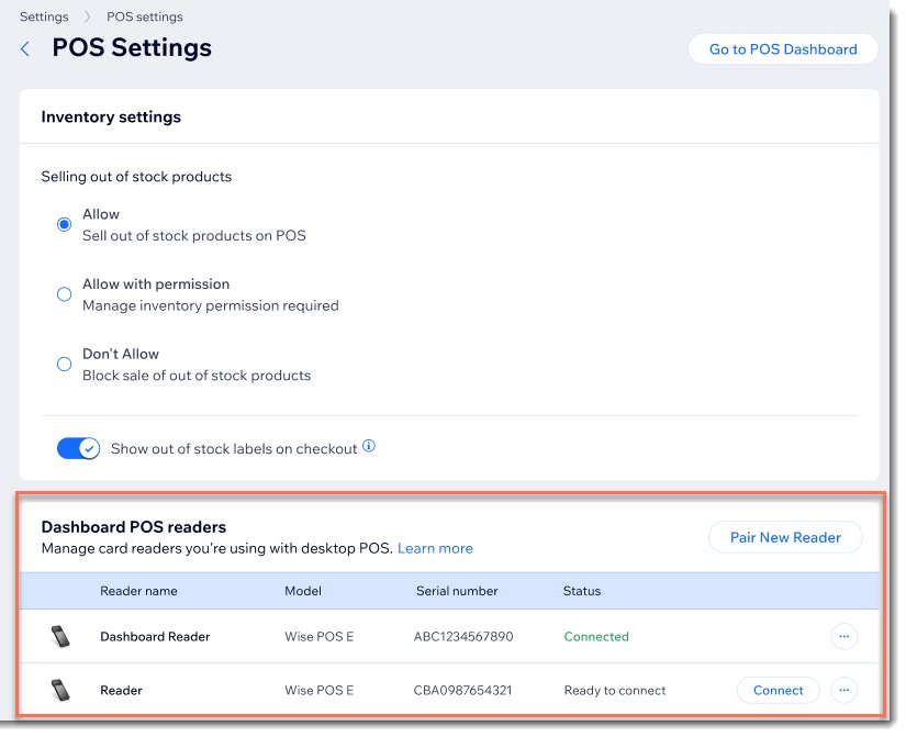 Screenshot of the POS Settings page with the list of card readers outlined