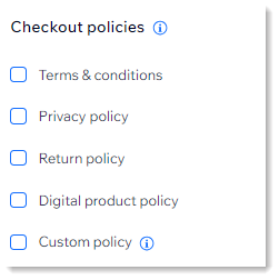 Captura de tela das opções de política que você pode adicionar à página de checkout