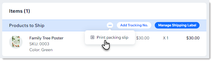 Screenshot of an order in the Orders tab, with the Print packing slip shown