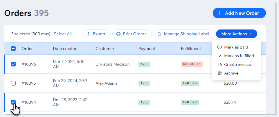 Screenshot of orders in the Orders tab in the Wix dashboard